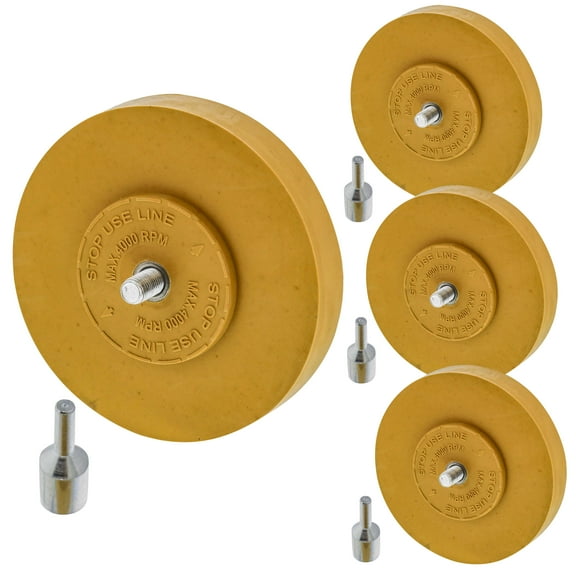 TCP Global Rubber Eraser Wheel with Drill Adapter (Pack of 4) Decal Remover Wheel - Sticker Remover Tool - Pinstripe Removal - Emblem Removal Tool - Removes Adhesives on Car, Auto, Boat, RV & Signs