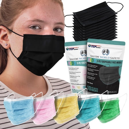 TCP Global Salon World Safety - Black and Assorted Colors Kids Face Masks Variety Pack (2 Pouches - 20 Masks Total) Breathable Disposable 3-Ply Protective PPE with Nose Clip and Ear Loops