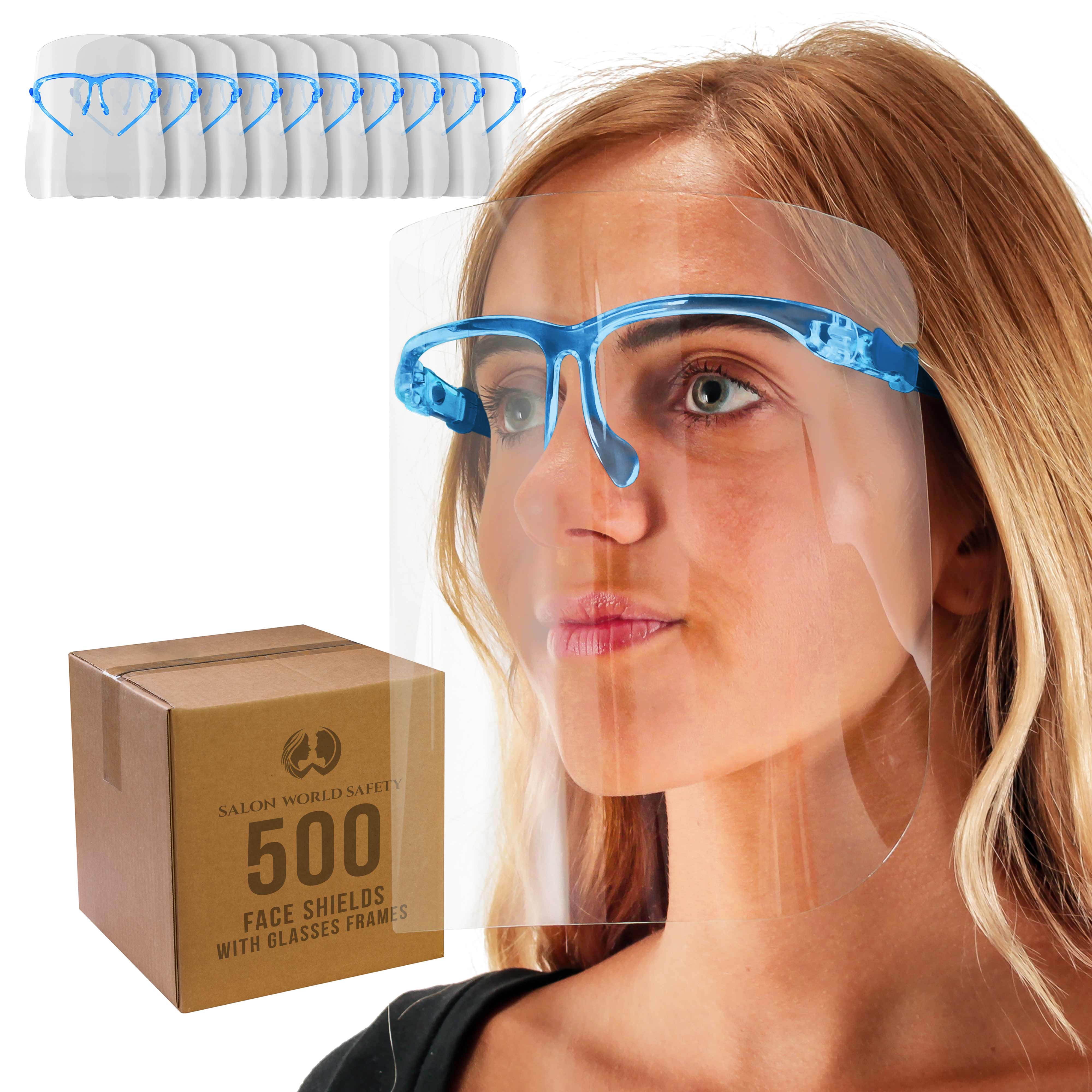 TCP Global Salon World Safety Face Shields with Blue Glasses Frames (Case of 500) - Ultra Clear Protective Full Face Shields to Protect Eyes, Nose, Mouth - Anti-Fog PET Plastic, Goggles