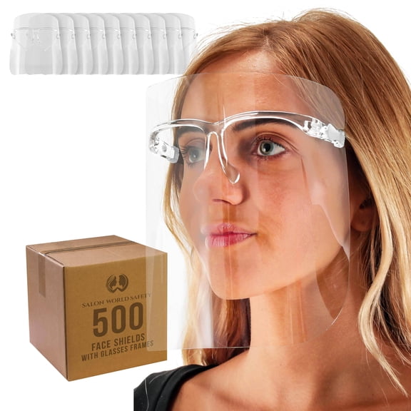 TCP Global Salon World Safety Face Shields with All Clear Glasses Frames (Case of 500) - Ultra Clear Protective Full Face Shields to Protect Eyes, Nose, Mouth - Anti-Fog PET Plastic, Goggles