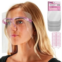 TCP Global Salon World Safety Face Shields with Pink Glasses Frames (Pack of 10) - Ultra Clear Protective Full Face Shields to Protect Eyes, Nose, Mouth - Anti-Fog PET Plastic, Goggles