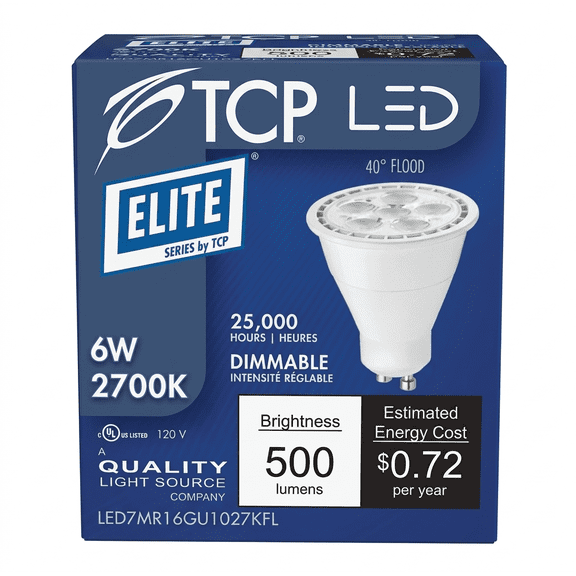 TCP LED7MR16GU1027KFL MR16 LED Bulb, GU10, 6W  - Dimmable - 2700K - 500 Lumens