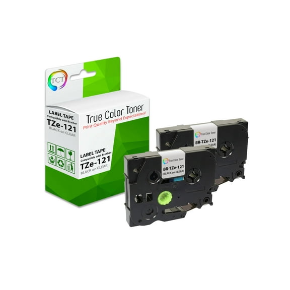 TCT 2Pk Compatible Brother TZe-121 works with Brother PT-H100 PT-H110 PT-H300 3/8 inch (9mm) x 26.2 ft (8m) Black on Clear