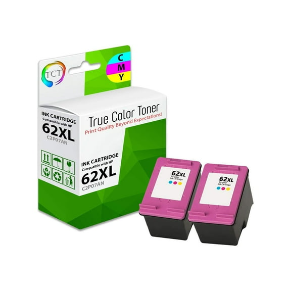 TCT 62XL Ink Cartridge 2 Pack - Premium Compatible Replacement for HP 62XL 62 XL C2P07AN Tri-Color