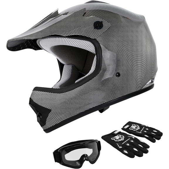 TCT-MT Youth Kids Helmet DOT Certified Carbon Fiber Silver Full face Motocross Street Dirt Bike ATV MX Off-Road Helmet (Child, XL)