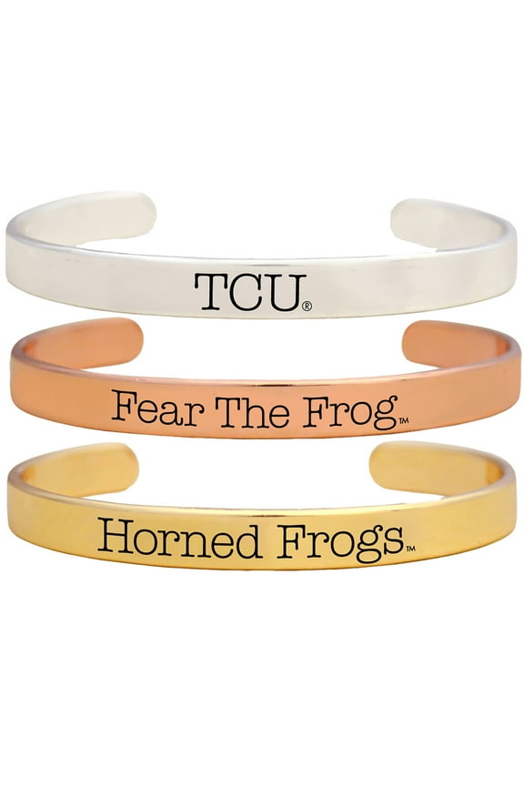 TCU Texas Christian University Horned Frogs FEAR THE FROG Rose Gold, Silver, And Gold Plated Flex Cuff Bracelet NCAA Licensed TRI GROUP SET