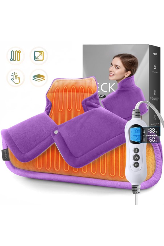 Soft Flannel Heating Pad for Neck and Shoulders and Back, 19 x 24 in Wearable Weighted Electric Heating Pads with 6 Heat Settings & 6 Timer Auto Shut Off, Puple