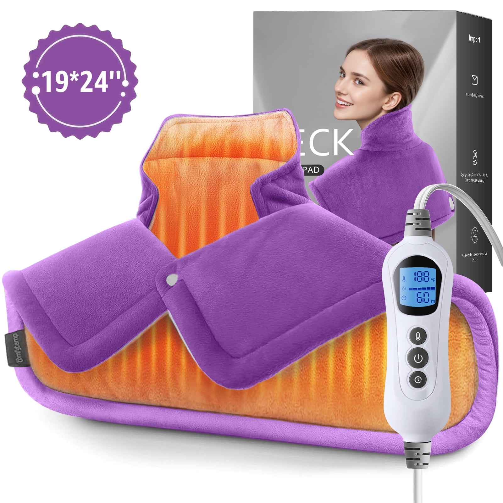 TCVOR Soft Flannel Heating Pad for Neck and Shoulders and Back, 19 x 24 in Wearable Weighted Electric Heating Pads with 6 Heat Settings & 6 Timer Auto Shut Off, Puple