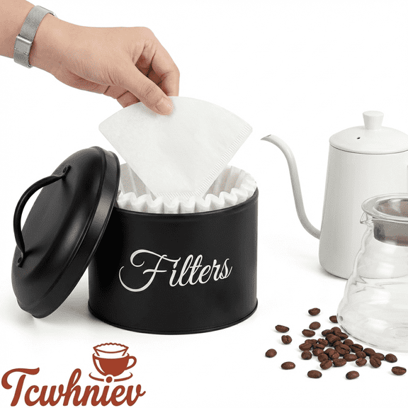 Tcwhniev Black Basket Coffee Filter Holder With Lid - Round Container for Counter Storage - Rustic Farmhouse Bar Accessories Decor