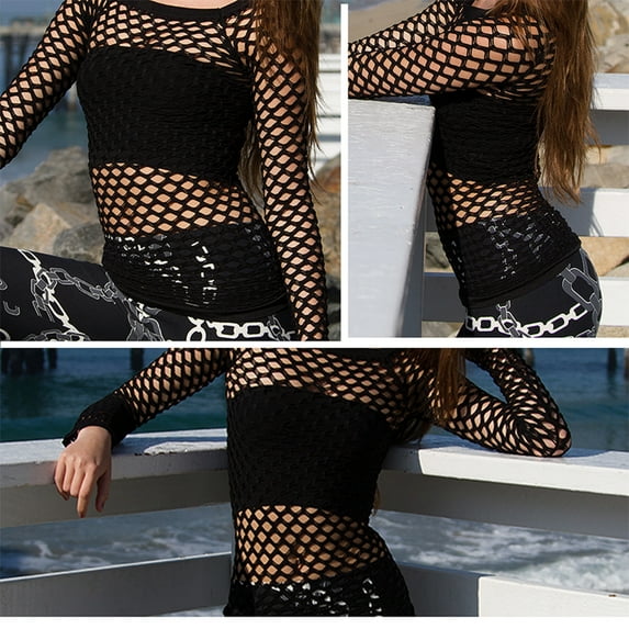 TD Collections Nylon Fishnet Long Sleeve Top Go Go Dance Wear