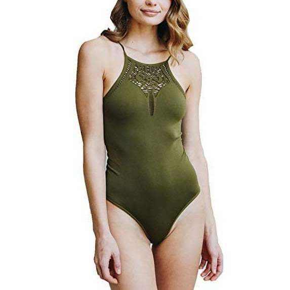 TD Collections Seamless Slash Adjustable Strap Body Suit (Army, Small)