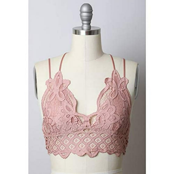 TD Collections Women's Floral Lace Bralette Removable Padded Wirefree Longline Bra Bustier (Mauve, Medium)