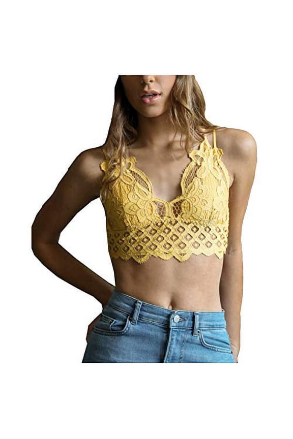Women's Floral Lace Bralette Removable Padded Wirefree Longline Bra Bustier (Sunburst, Medium)