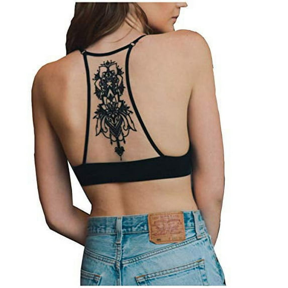 TD Collections Womens Tattoo Mesh Racerback Bralette (Black, M)