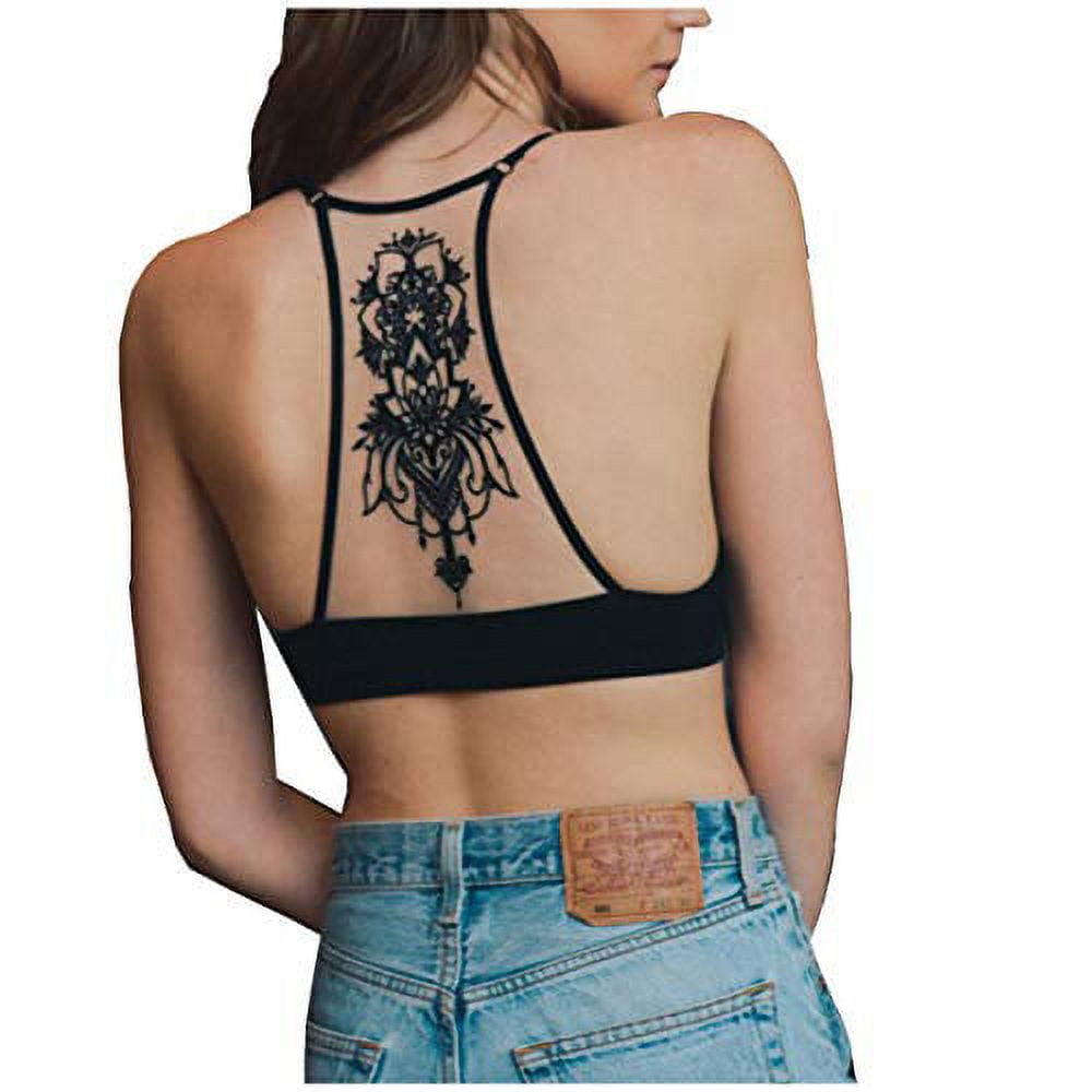 TD Collections Womens Tattoo Mesh Racerback Bralette (Black, S) 