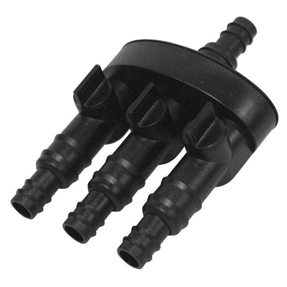 TD Fountain 3 way Splitter 1/2 & 3/4 barb inlet with 3 valved 1/2 & 3/4 barb outlets