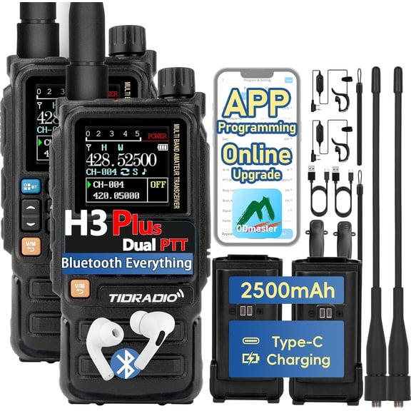 TD-H3 Plus Ham Radio Handheld Multi-Band Walkie Talkies Long Range, Online Upgrade, APP Wireless Programming, Spectrum Analysis, SMS Texting,USB-C Charging,Full-featured Two-Way Radio -2 Pack