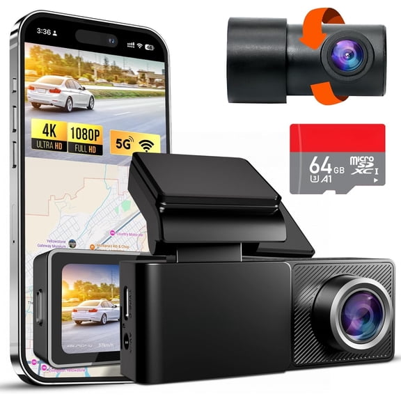 TD3 4K Dash Cam Front and Rear with App, Video Camera 4K+1080P with 5G WiFi & GPS, 64GB Card, Night Vision Dashcams, 24/7 Recording When is Off, Cameras for