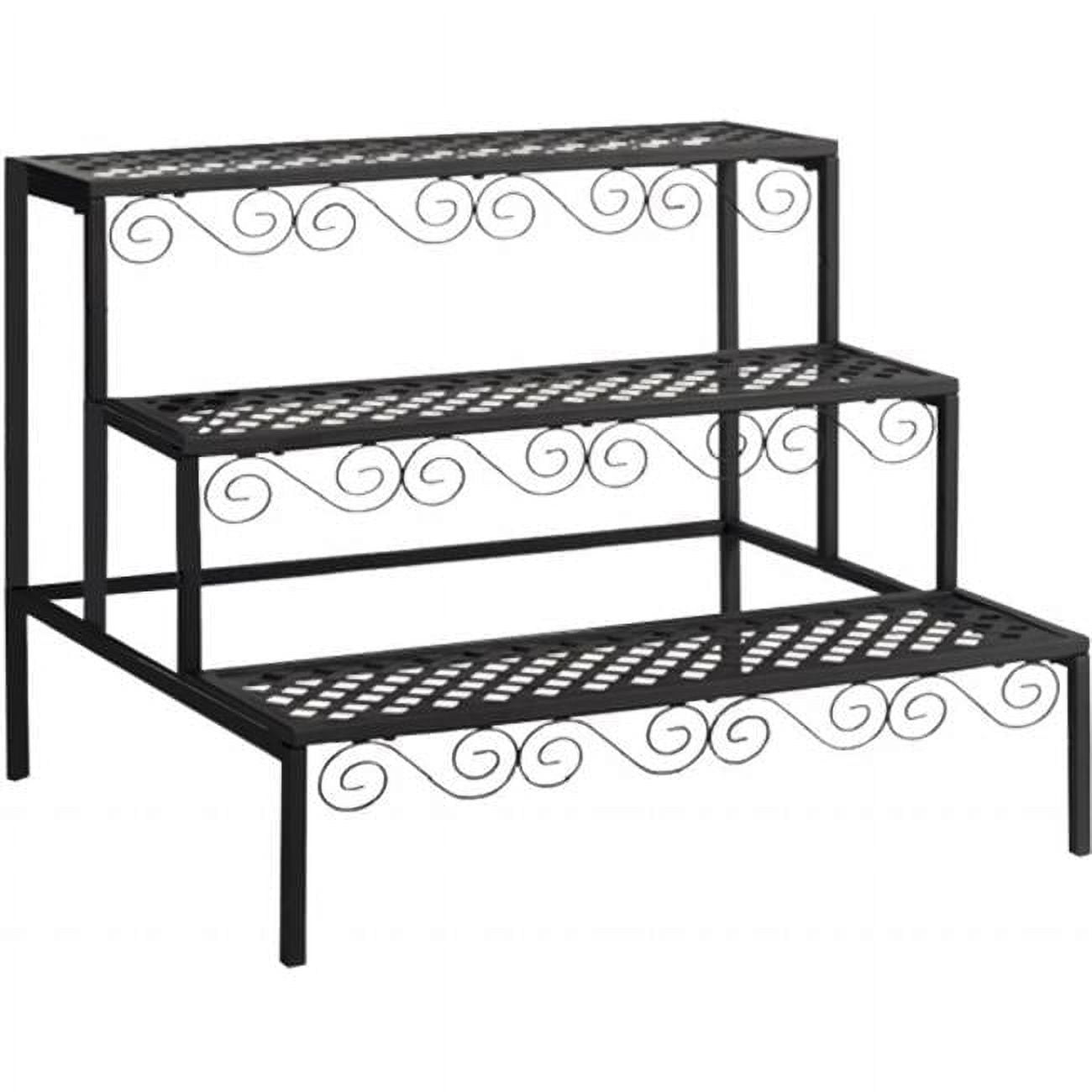Tierra Garden Black Steel Three-Tier Scrollwork Plant Stand