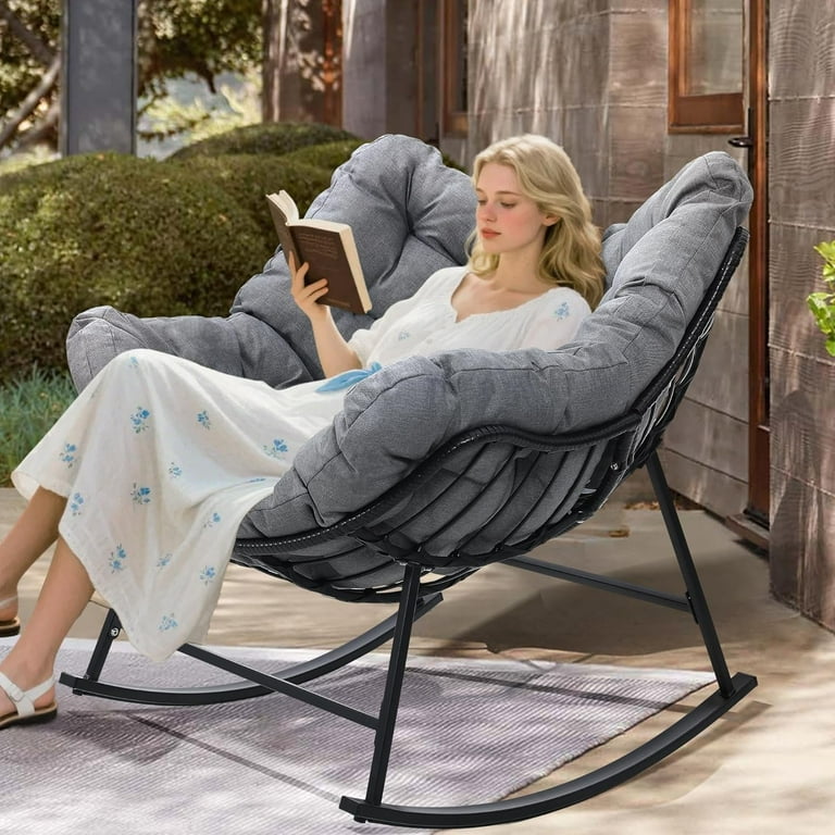TDUKDB Oversized Outdoor Papasan Rocking Chair, Wicker Egg Chair