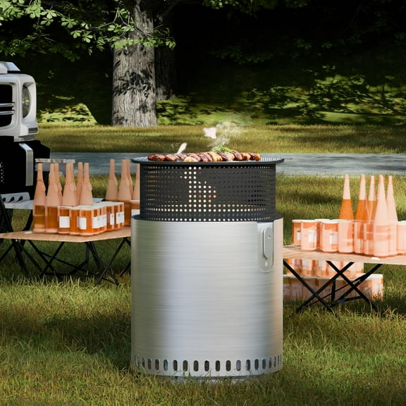 TDUKDB Smokeless Fire Pit for Outside w Grill Pan, Stainless Steel Adjustable Bonfire Wood Burning Fireplaces w Removable Ash Pan & Bag, 17in Large Outdoor Stove for Camping BBQ Family Gatherings