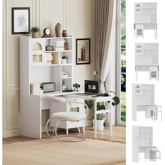 TDVFGDF Computer Desk with 90 Degree Rotating Desktop, Executive L Shaped Desk with Hutch, Gaming Desk with Shelves, for Home Office Work and Study (White)