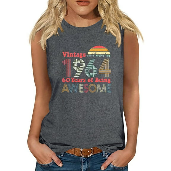 TDYHUAO 60th Birthday Gift For Women Born 1964 60 Years Old Vintage Tank Top Summer Sleeveless Shirt Casual Loose Blouse