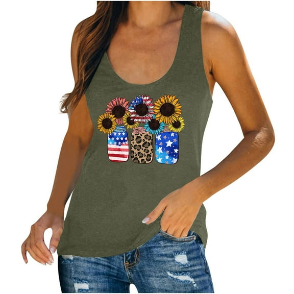 TDYHUAO American Flag Tank Tops for Women Sunflower Graphic Tees Shirts Casual Sleeveless 4th of July Shirt Patriotic Tops