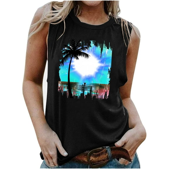 TDYHUAO Beach Tank Tops for Women Girls Trip Shirts Sunshine Coconut Palm Graphic Tee Summer Vacation Sleeveless Tops Vest