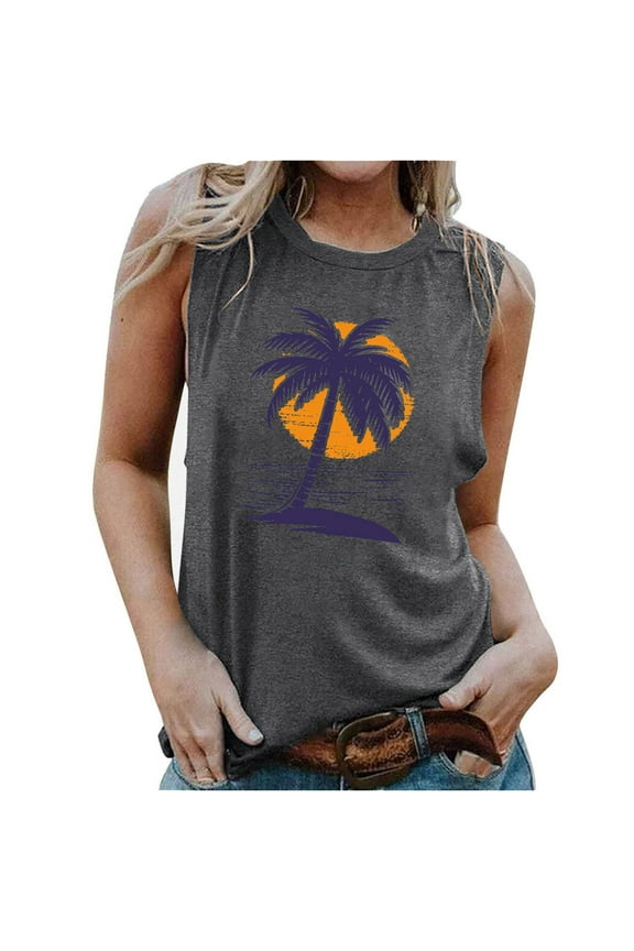 Beach Tank Tops for Women Summer Hawaiian Vacation Sleeveless Shirts Sunset Palm Tree Graphic Print Muscle T Shirt