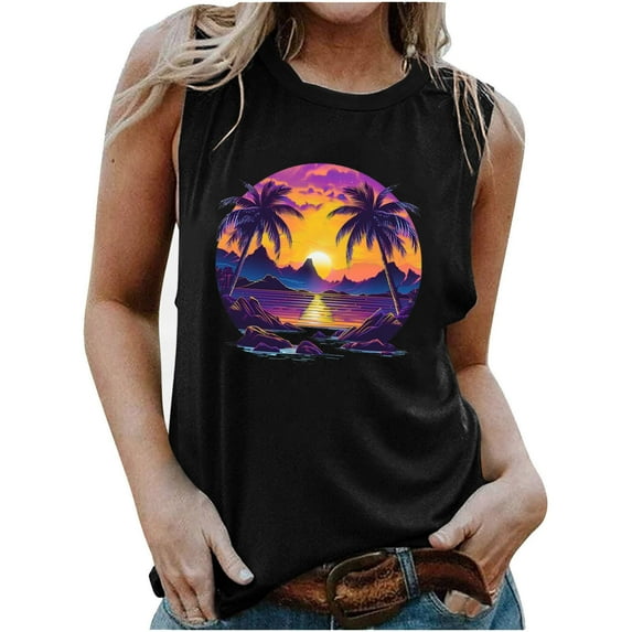 TDYHUAO Beach Tank Tops for Women Summer Sunset Graphic Sleeveless Tee Vest Vintage Palm Tree Tees Hawaiian Vacation Shirts