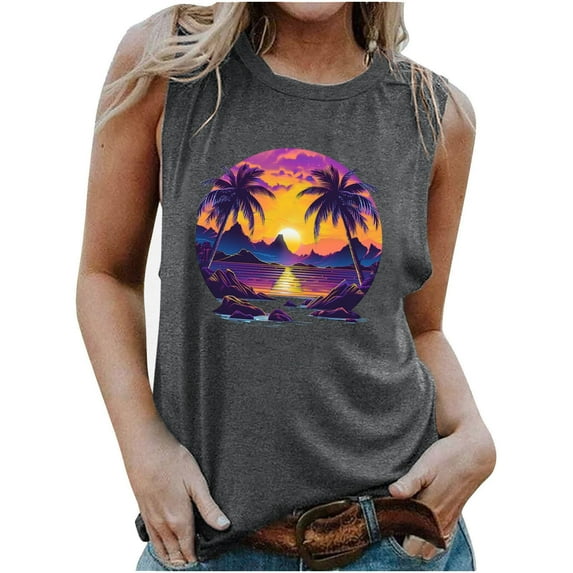 TDYHUAO Beach Tank Tops for Women Summer Sunset Graphic Sleeveless Tee Vest Vintage Palm Tree Tees Hawaiian Vacation Shirts