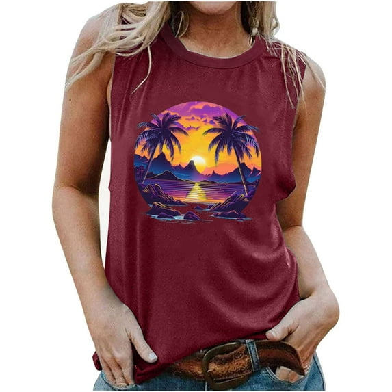 TDYHUAO Beach Tank Tops for Women Summer Sunset Graphic Sleeveless Tee Vest Vintage Palm Tree Tees Hawaiian Vacation Shirts