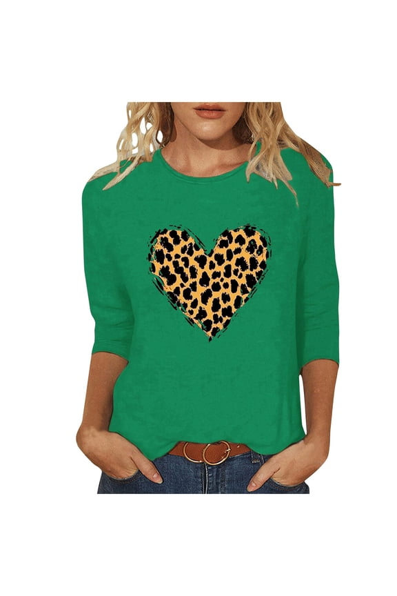 Leopard Print Valentines Day Tshirt Women Cute Cheetah Heart Graphic Tees Valentines Casual Loose 3/4 Sleeve Tops
