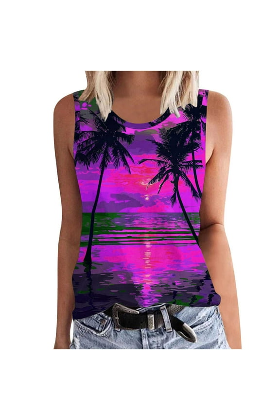 Plus Size Tank Tops for Women Summer Sleeveless Loose Fit O Neck Tshirts Hawaiian Sunset Beach Coconut Palm Print Tees