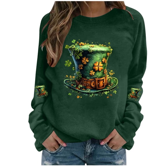 TDYHUAO St Patricks Day Leprechaun Top Hat Sweatshirts for Women Shamrock Green Hat Graphic Pullover Tops Irish Clover Shirt