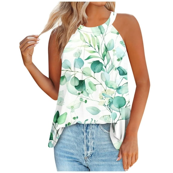 TDYHUAO Summer Halter Neck Tank Tops for Women Floral Printed Pleated Loose Fit Sleeveless Tops Trendy Flowy Tunic Blouses