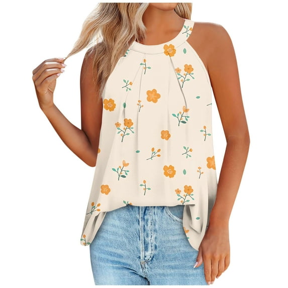 TDYHUAO Summer Halter Neck Tank Tops for Women Floral Printed Pleated Loose Fit Sleeveless Tops Trendy Flowy Tunic Blouses
