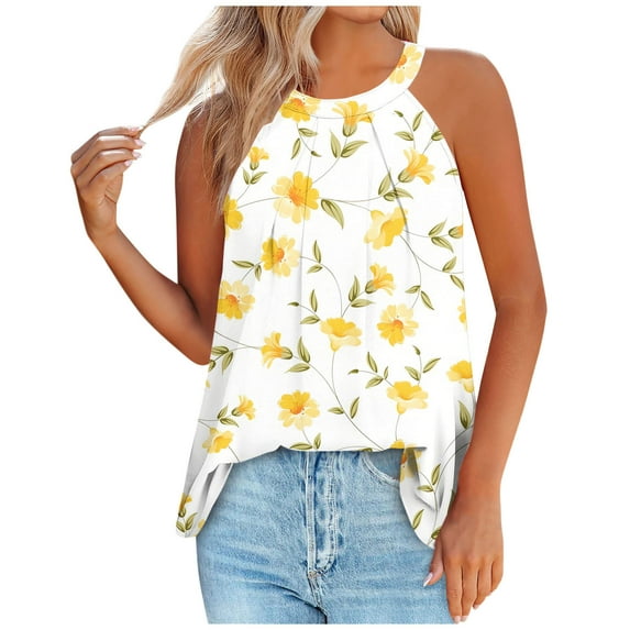 TDYHUAO Summer Halter Neck Tank Tops for Women Floral Printed Pleated Loose Fit Sleeveless Tops Trendy Flowy Tunic Blouses