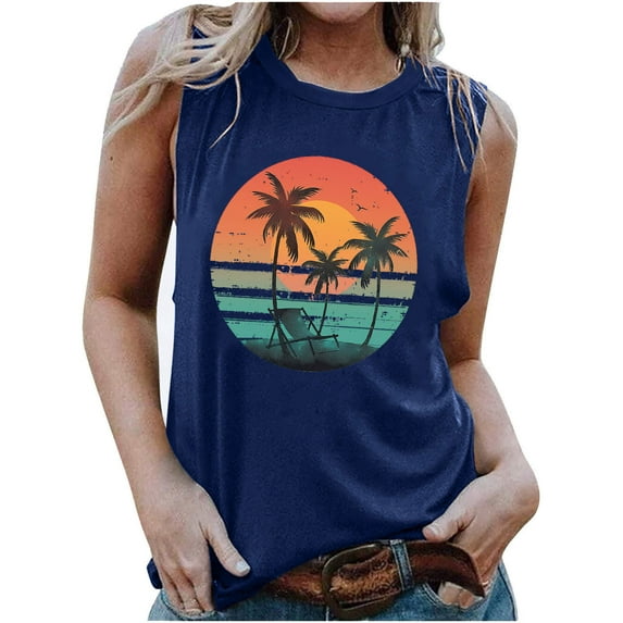 TDYHUAO Tank Tops Women Hawaiian Sunset Beach Coconut Tree Graphic Tank Tops Summer Casual Tanks Vest Vintage Tank Cami Top