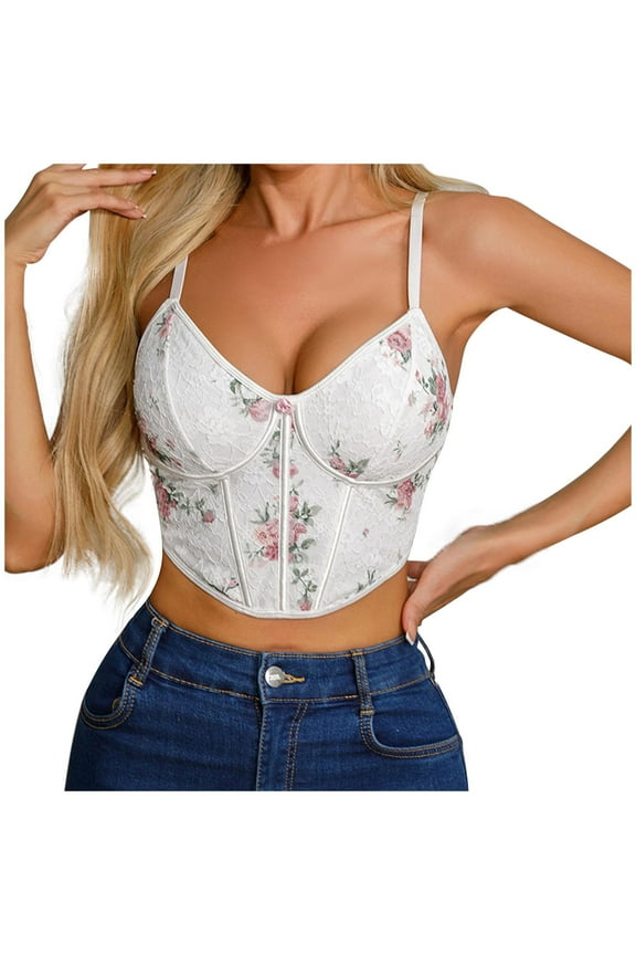 Women Chic Floral Embroidered Corset Top Spaghetti Strap Sheer Mesh Push Up Bustier Bralette Y2K Crop Top Camisole