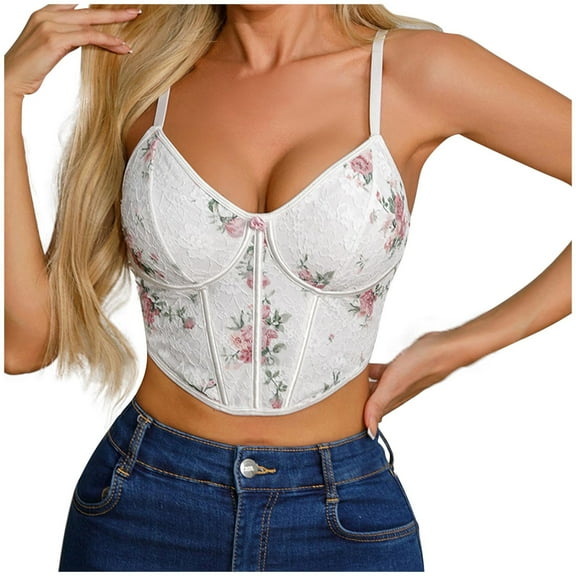 TDYHUAO Women Chic Floral Embroidered Corset Top Spaghetti Strap Sheer Mesh Push Up Bustier Bralette Y2K Crop Top Camisole