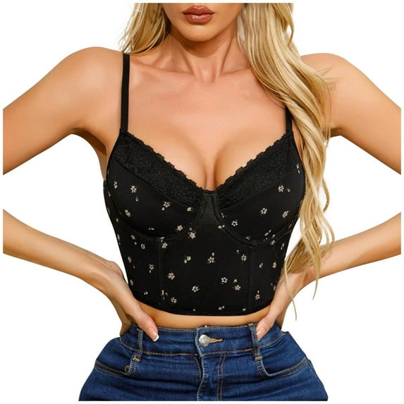 TDYHUAO Women Chic Floral Embroidered Corset Top Spaghetti Strap Sheer Mesh Push Up Bustier Bralette Y2K Crop Top Camisole