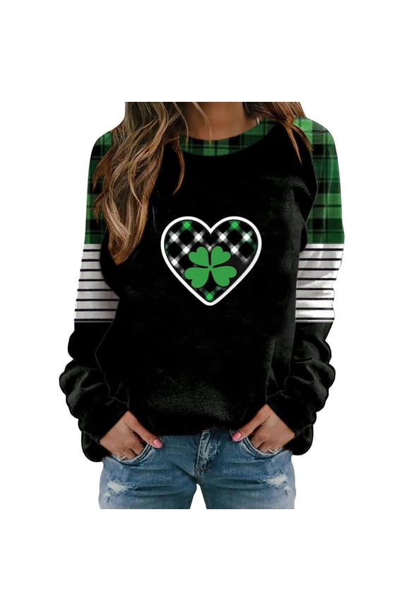 Women St Patrick Day Sweatshirts Lucky Clover Plaid Stripes Long Sleeve Shamrock Shirts Irish Casual Crewneck Tops