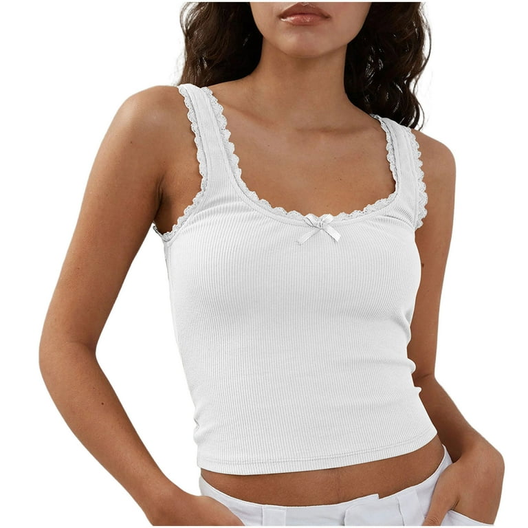 TDYHUAO Women Y2k Lace Trim Tank Crop Top Sleeveless Ribbed