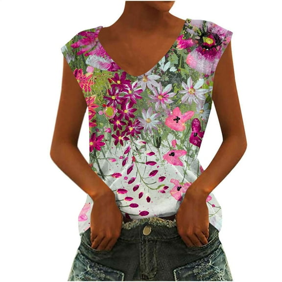 TDYHUAO Women's Boho Floral V Neck Tank Top Summer Sleeveless Shirts Casual Vacation Blouse Loose Fit Tunic Tops Comfy Vest