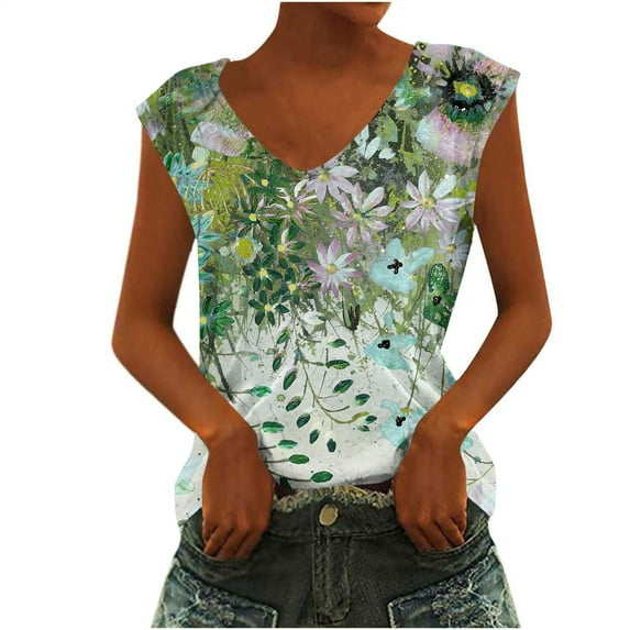 TDYHUAO Women's Boho Floral V Neck Tank Top Summer Sleeveless Shirts Casual Vacation Blouse Loose Fit Tunic Tops Comfy Vest