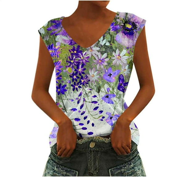 TDYHUAO Women's Boho Floral V Neck Tank Top Summer Sleeveless Shirts Casual Vacation Blouse Loose Fit Tunic Tops Comfy Vest