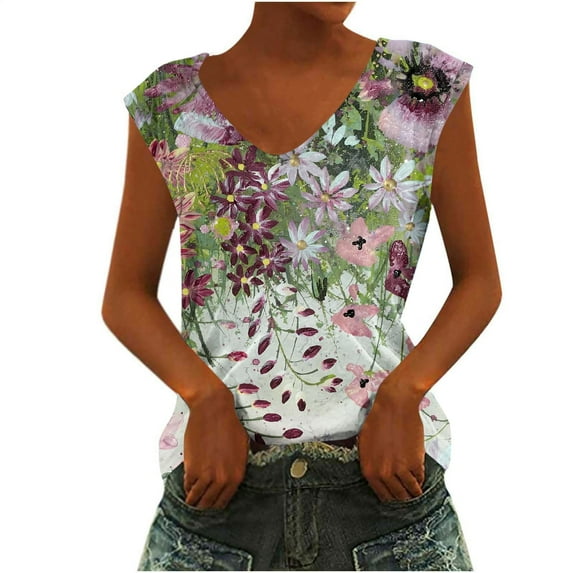 TDYHUAO Women's Boho Floral V Neck Tank Top Summer Sleeveless Shirts Casual Vacation Blouse Loose Fit Tunic Tops Comfy Vest