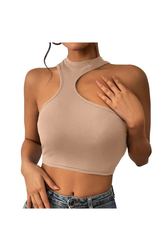 Women's Sexy Cutout Asymmetrical Neck Ribbed Knit Slim Fit Cami Crop Top Yoga Sleeveless Summer Tank Top 2024 Fashion
